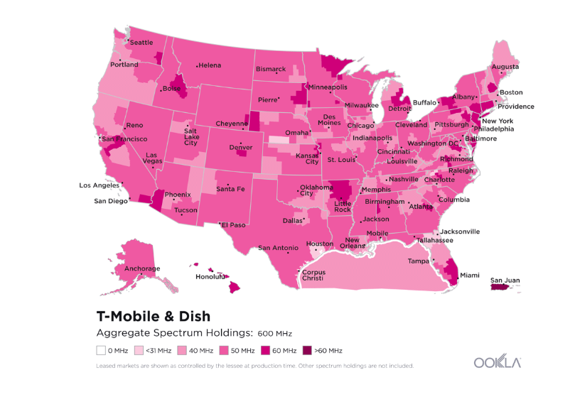 Połączone zasoby częstotliwości T-Mobile US i Dish w zakresie 600 MHz Żródło: Ookla